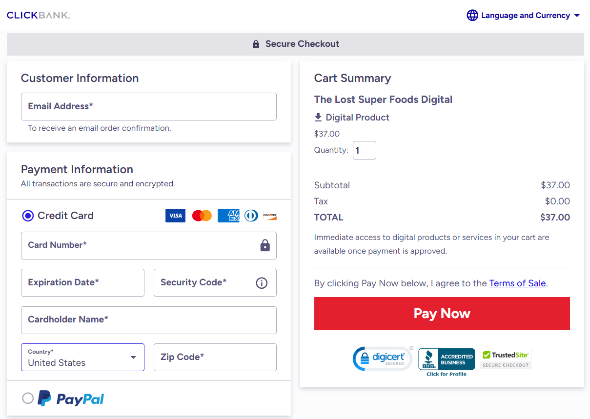 The Lost SuperFoods order page